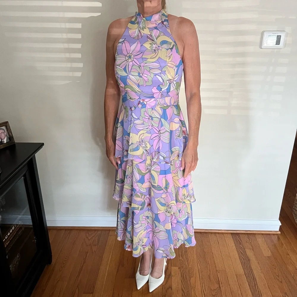 Tahari ASL Pastel Floral Halter Midi Dress - Picture 1 of 3